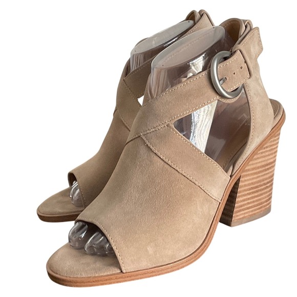 Marc Fisher Shoes - Marc‎ Fisher LTD Tim Beige Tan Suede Open Toe Buckle Block Heel Booties 7.5M